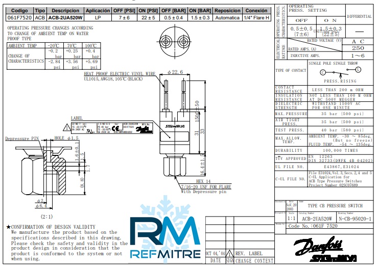 Presostato encapsulado DANFOSS ACB2UA520W - 7/22 PSI - 960630
