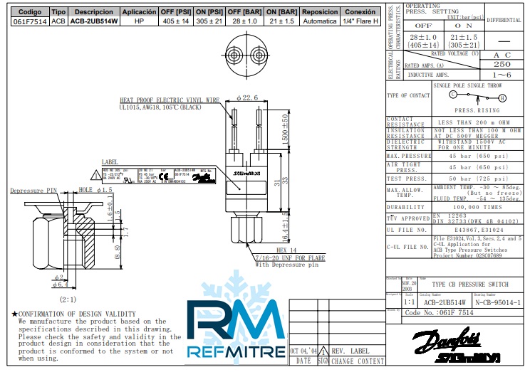 Presostato encapsulado DANFOSS ACB2UB514W- 405/305PSI - 960635
