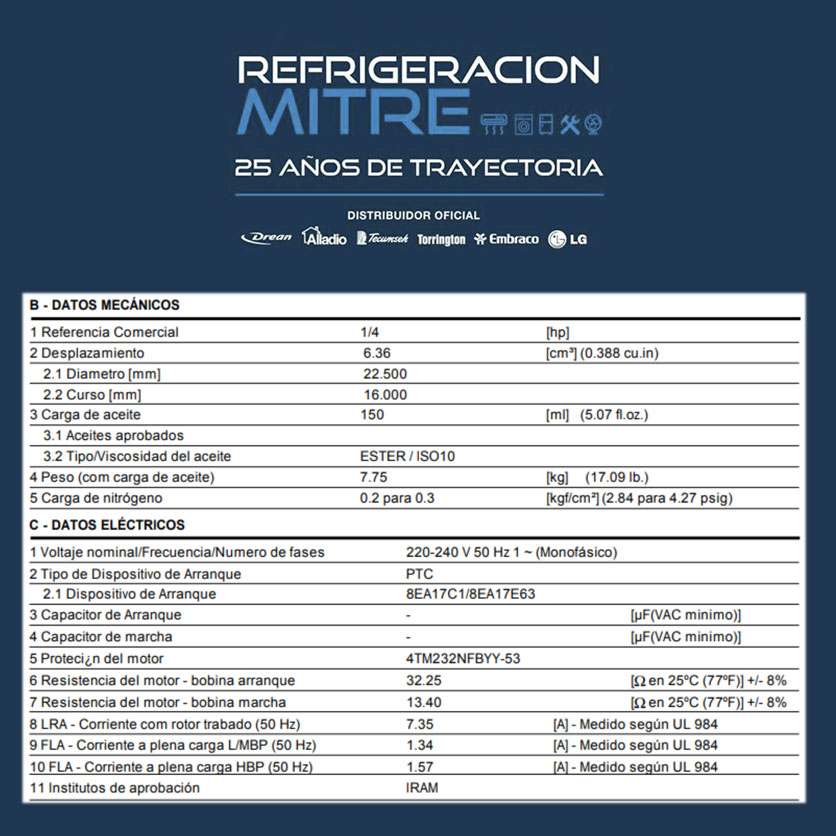 Motor EMBRACO 1/4 EM2Y70HLP / EGAS80HLR / ERU2 80 / EM2S75HLP - R134 - 163f/h - 70015