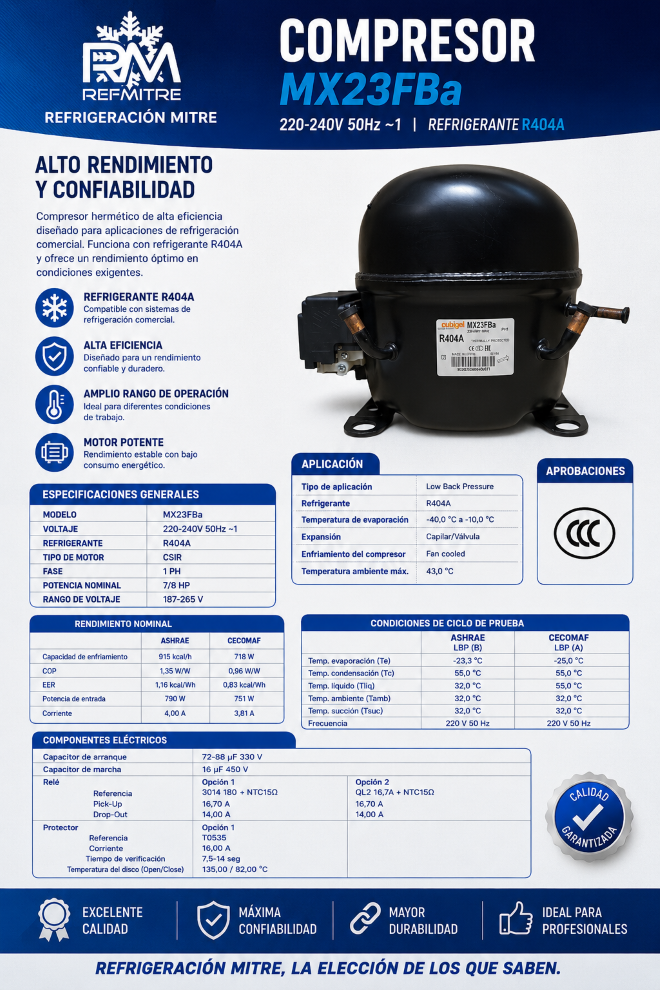 Motoc.Cubigel-11/4HP-MX23FBa-VE-LBP/NT2192GK/TYA2446z R404a